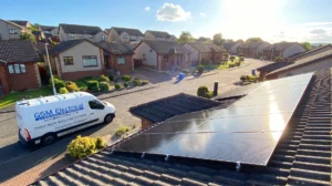 GSM Van parked near houses with solar panels in Dalgety Bay, Fife, near Edinburgh