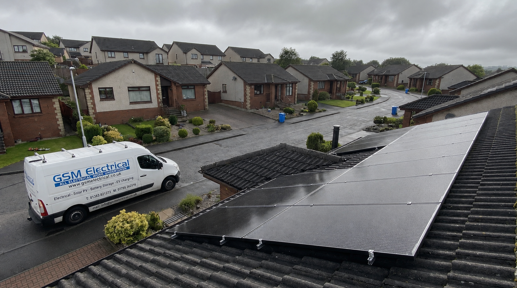 Do Solar Panels Work in Scotland on Cloudy Days? 1 A GSM Electrical engineer beside a solar panel installation on a cloudy Scottish day. Solar Panel Cost comparison